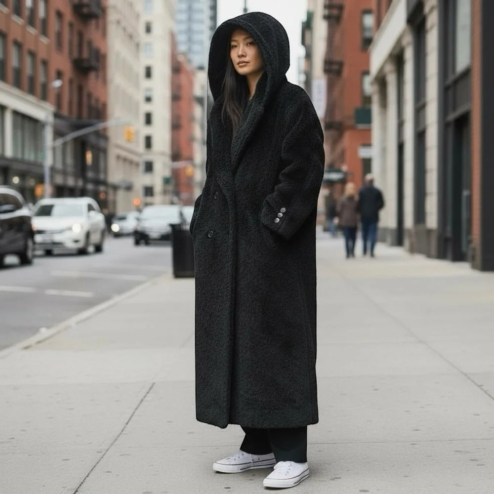 Max Mara Alpaca Wool Hooded Long Coat — Double Breasted, Black, Size 8 - Picture 3 of 12